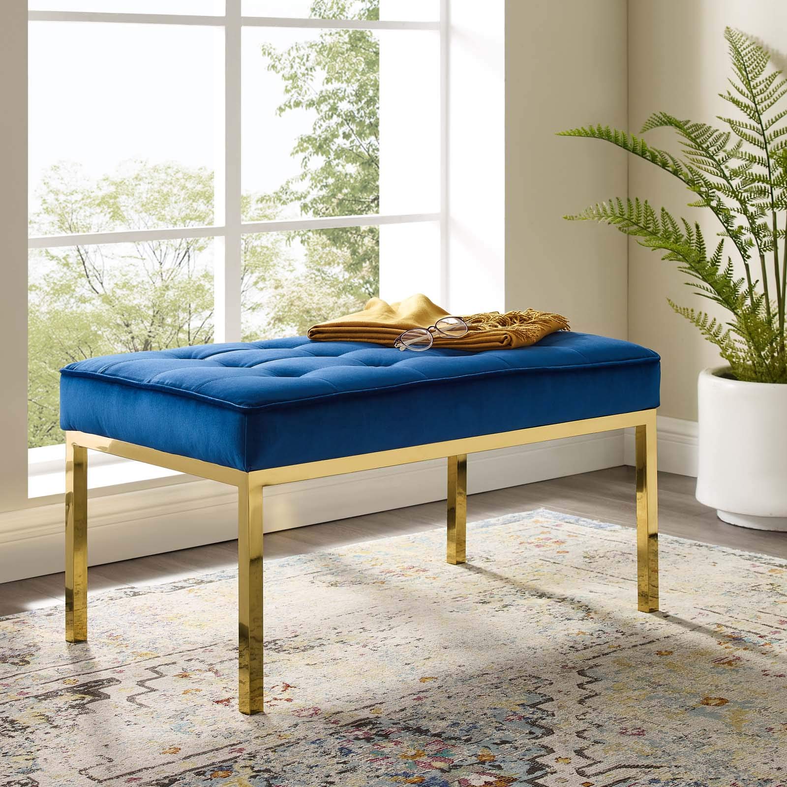 Modway Loft Tufted Button Performance Velvet Upholstered Medium Accent Bench In Gold Navy